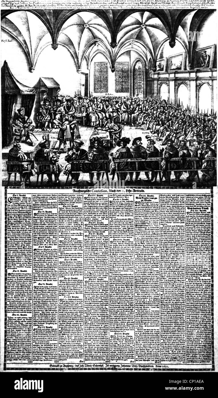 Evénements, réforme protestante, paix d'Augsbourg, 25.9.1555, feuille de bois simple, faite à l'occasion du 100e anniversaire, maison d'édition Johannes Vieh, scène: Les princes protestants ayant leur confession de foi (Confessio Augustana) lu à l'empereur Charles V à la Diète d'Augsbourg en 1530, droits additionnels-Clearences-non disponible Banque D'Images