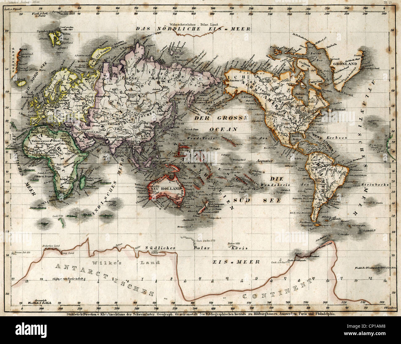 Cartographie, carte du monde, carte australocentrique, gravure en acier, Bibliographischen Institut, Schweinfurt, Allemagne, 1849, droits additionnels-Clearences-non disponible Banque D'Images