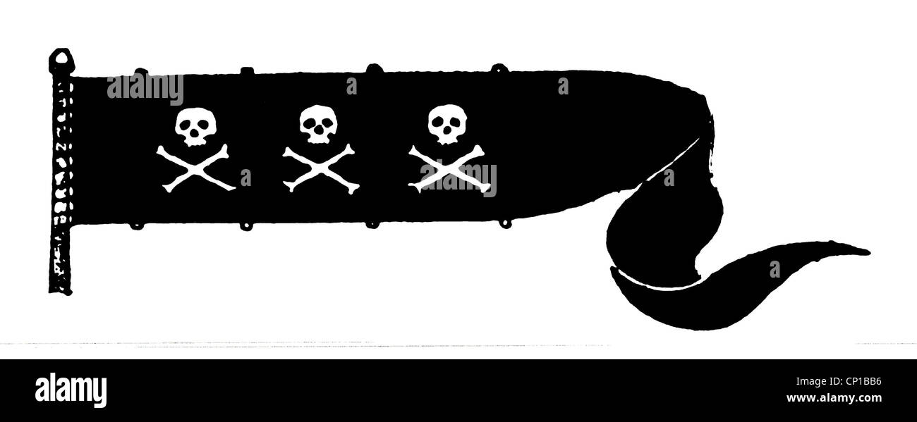 Transport / transport, navigation, bucanier / pirate, drapeaux fantaisie de pirates notoires, drapeau du capitaine Christopher Condent, crâne et crossones, Jolly Roger, symbole, symboles, signal, signaux, Jolly Roger, drapeau, drapeaux, pirate, pirates, bucaneer, bucaneers, Clearences, découpe, découpe, découpes, 18e siècle, clipping-historique, droits supplémentaires non disponibles Banque D'Images