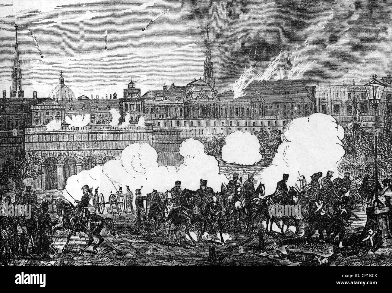 Événements, révolutions 1848 - 1849, Autriche, Vienne, bombardement de la ville par les troupes impériales, 31.10.1848, gravure en bois, 19e siècle, historique, historique, feu, Palais impérial Hofburg, incendie, incendie, militaire, troupes sous Alfred Candidus Ferdinand, Prince de Windisch-Graetz et Joseph Jelacic von Buzim, suppression, soulèvement, artillerie, révolution, octobre, 19e siècle, historique, historique, Personnes, droits supplémentaires-Clearences-non disponible Banque D'Images