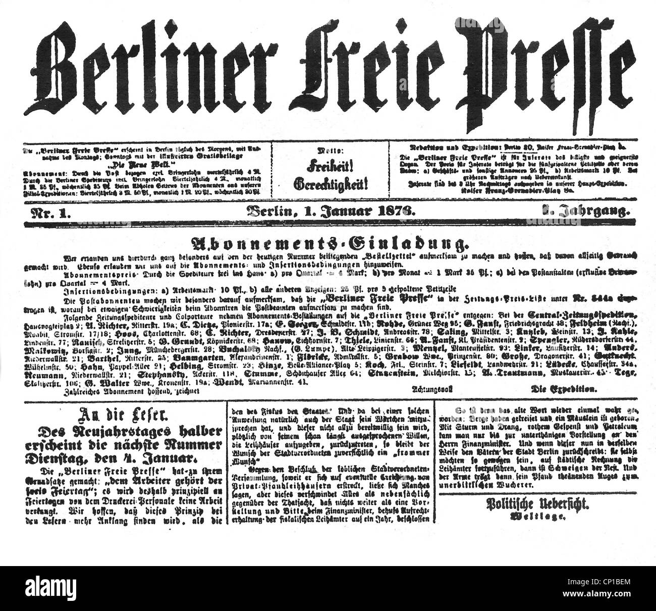 Presse / médias, journal, 'Berliner Freie presse', numéro 1, volume 1, Berlin 1.1.1876, page d'accueil, droits supplémentaires-Clearences-non disponible Banque D'Images