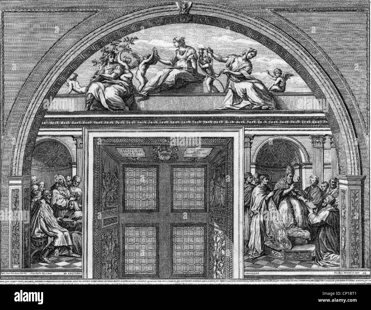 Beaux-arts, Raphaël (Raffaello Sanzio, 1483 - 1520), les trois vertus cardinales, fresque, Stanza della Segnatura, Palais du Vatican Banque D'Images