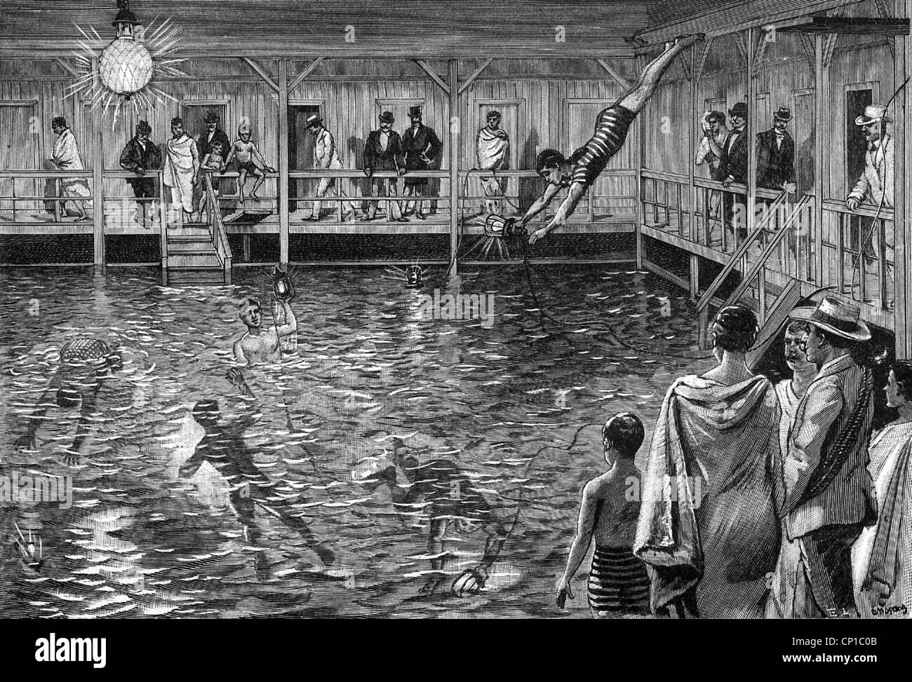 Sports, natation, plongée nocturne avec lumière électrique, Sachses Badeanstalt (bains publics de Sachse), Berlin, gravure en bois, 1897, droits supplémentaires-Clearences-non disponible Banque D'Images