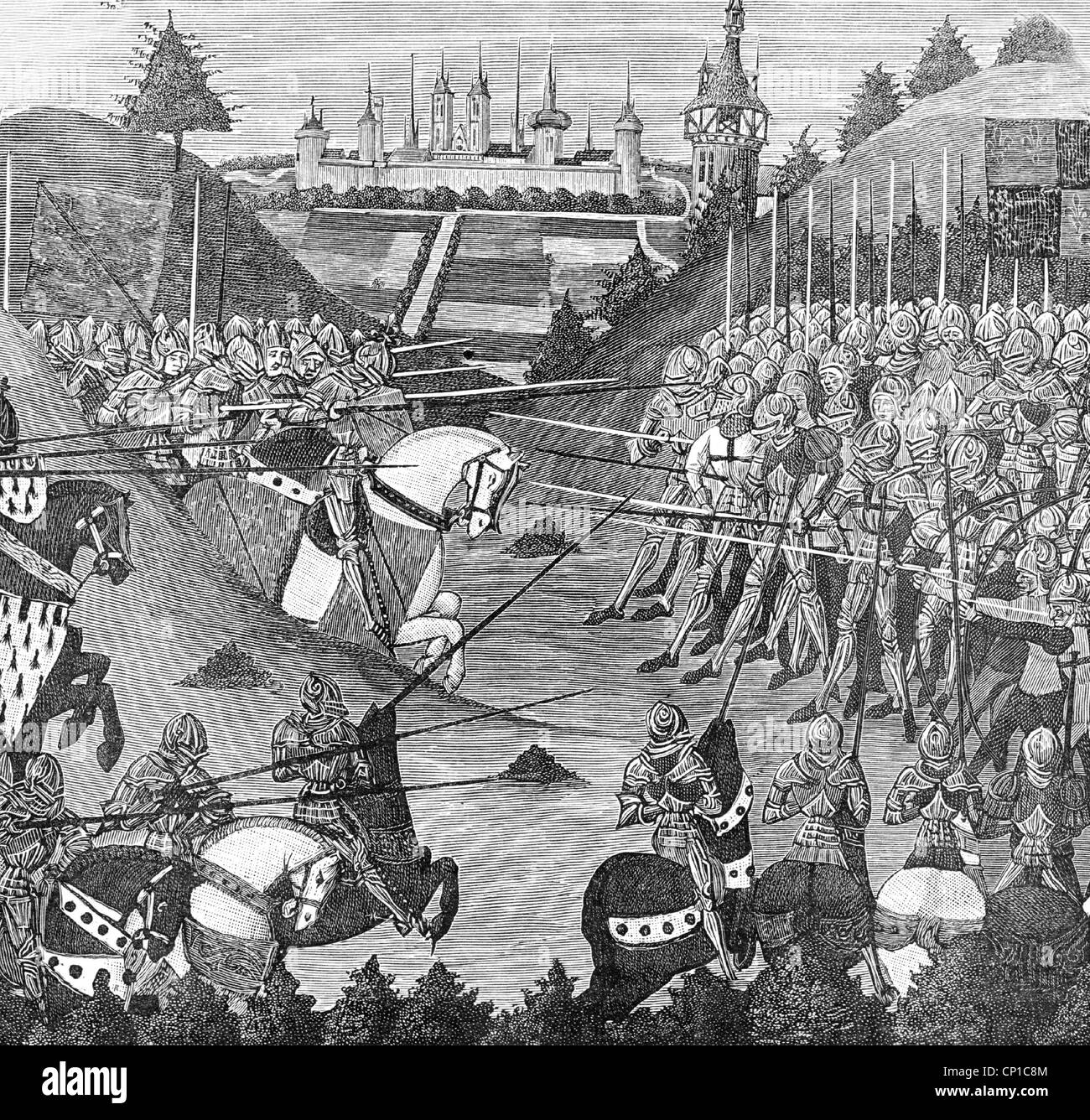 Evénements, guerre de cent ans 1337 - 1453, bataille de Formigny 15.4.1450, victoire française sur l'Anglais, après miniature, 15ème siècle, gravure en bois, 19ème siècle, historique, historique, France, Angleterre, Anglais, conquête de la Normandie, chevaliers, infanterie, époque médiévale, Moyen âge, champ de bataille, champ de bataille, champ de bataille, champs de bataille, peuple, droits supplémentaires-clôtures-champs-champ-champ-champ-champ-champ-champ-non disponible Banque D'Images
