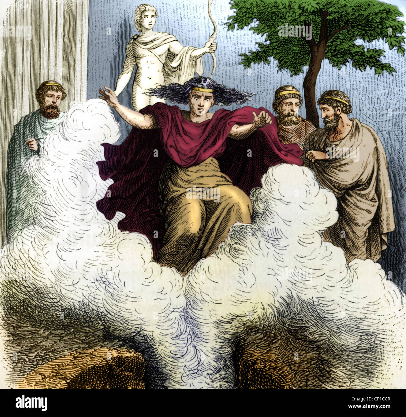 Monde antique, Grèce, religion, Oracle de Delphes, Pythia pendant la divination, gravure de bois, coloré, 19e siècle, historique, historique, fumée, prophétie, prophéties, prêtre, temple d'Apollon, rituel, monde antique, peuple, droits additionnels-Clearences-non disponible Banque D'Images