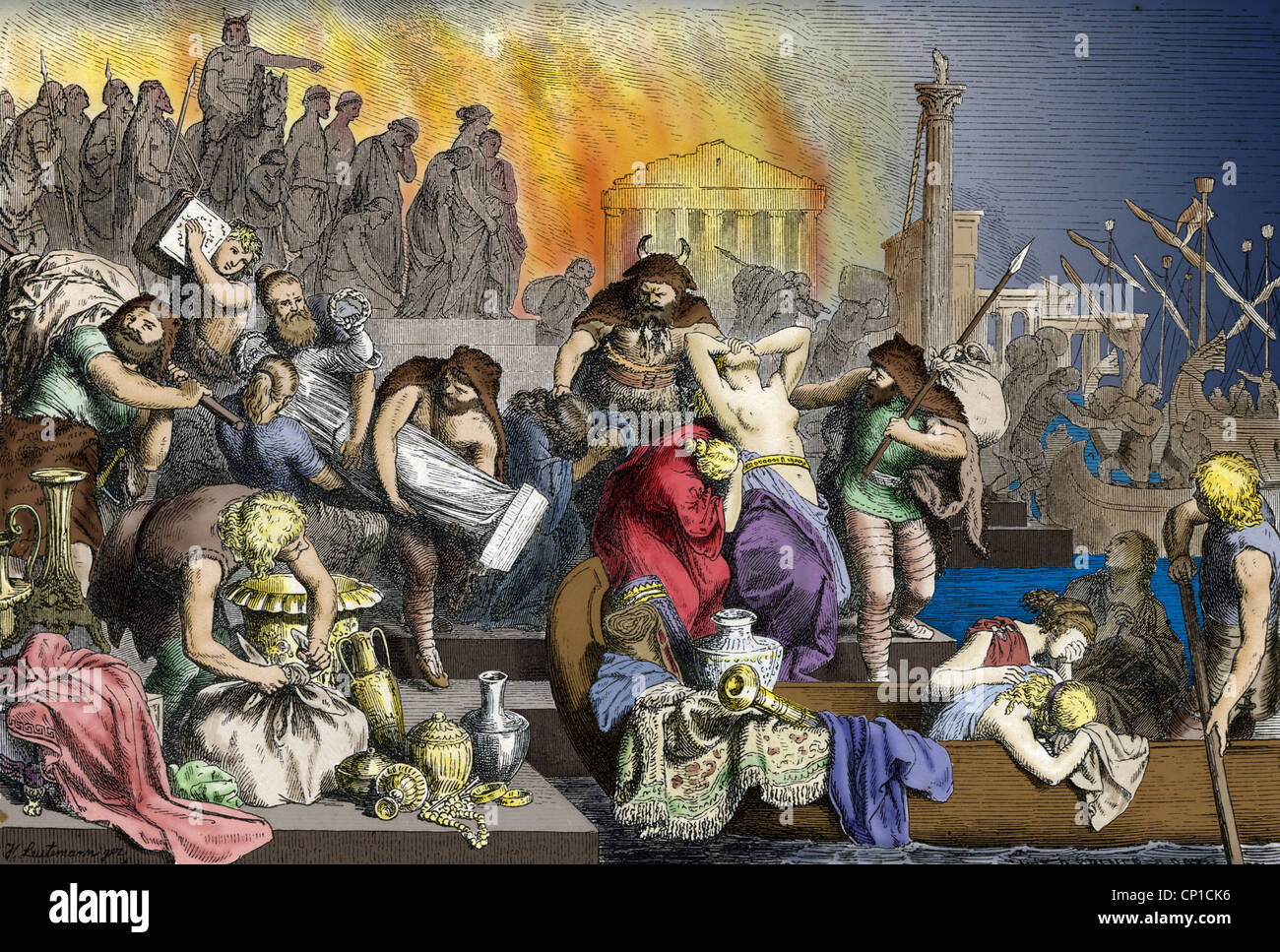 Monde antique, période migratoire, vandales après le pillage de Rome 455, après dessin de H. Leutemann, coloré, gravure en bois, 19e siècle, droits additionnels-Clearences-non disponible Banque D'Images