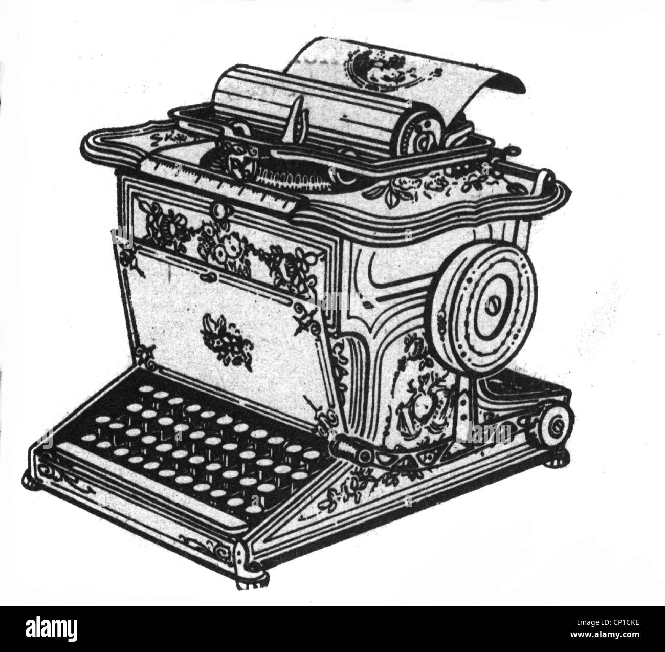 Écriture / écriture, machine à écrire, Remington Modell 1, design par Latham Sholes, 1876, gravure en bois, 19e siècle, touches, claviers, clavier alphanumérique, clavier qwerty, machine, machines, typebar machine à écrire, machine