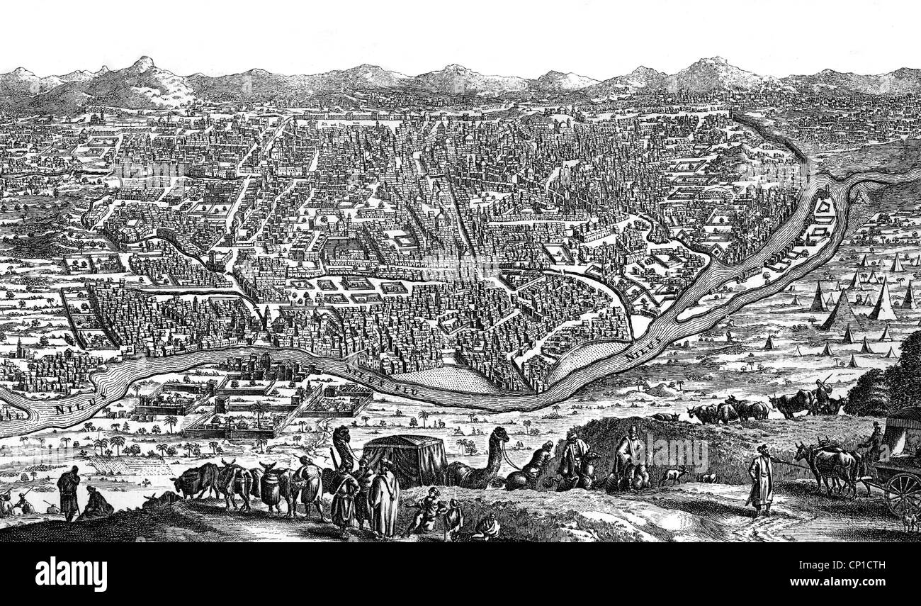 Géographie / Voyage, Egypte, le Caire, vue sur la ville, gravure en cuivre sur 'Umbstaendliche und eygentliche Beschreibung von Afrika' (Description de l'Afrique) par Olfert Dapper, édition allemande, Amsterdam, 1671, droits additionnels-Clearences-non disponible Banque D'Images