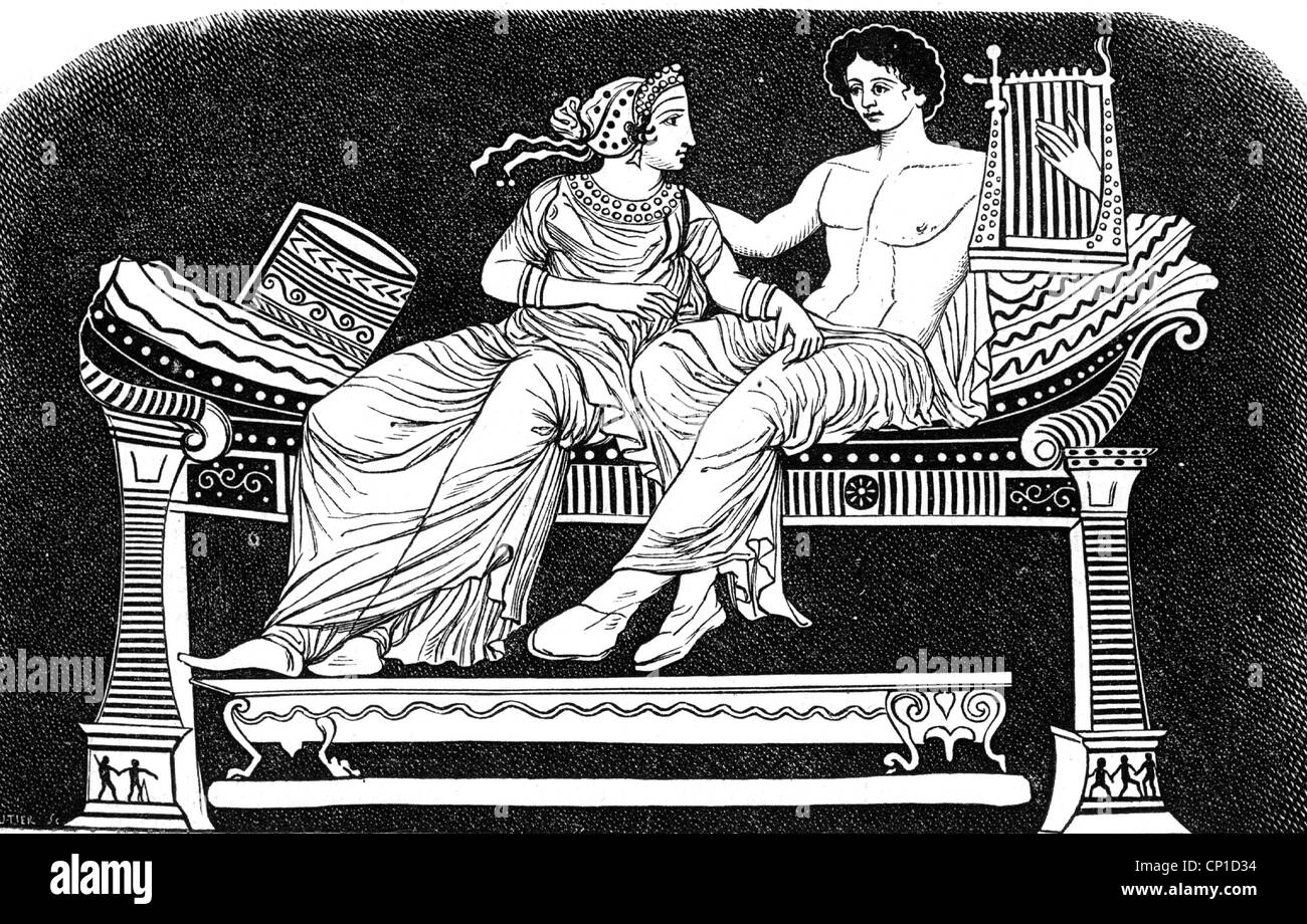 Monde antique, Grèce, vie dans le monde antique, couple, historique, historique, jouer de l'instrument de musique, harpe, assis, pleine longueur, amoureux, couples d'amour, personnes, monde antique, droits additionnels-Clearences-non disponible Banque D'Images