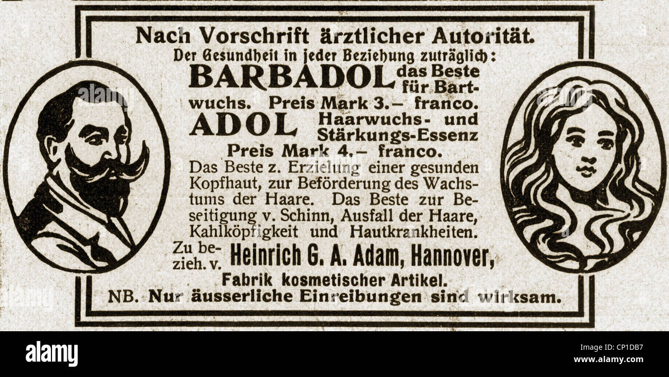 Publicité, cosmétiques, publicité, tonique de la croissance des cheveux de barbe 'Bardoll', restaurateur de cheveux 'Ardol', par Heinrich G.A. Adam, Hanovre, 'Die Woche', No. 45, 30.11.1901, droits additionnels-Clearences-non disponible Banque D'Images