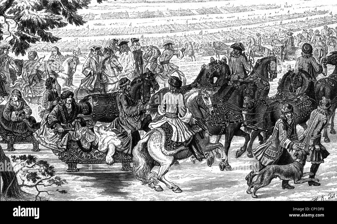 Guerre de Scanie 1675 - 1679, marche du peuple de Brandebourg sur la lagune de Curonian sous Frederick William 'le grand prince électeur', janvier 1679, après la tapisserie, gravure de bois, 19e siècle, droits additionnels-Clearences-non disponible Banque D'Images