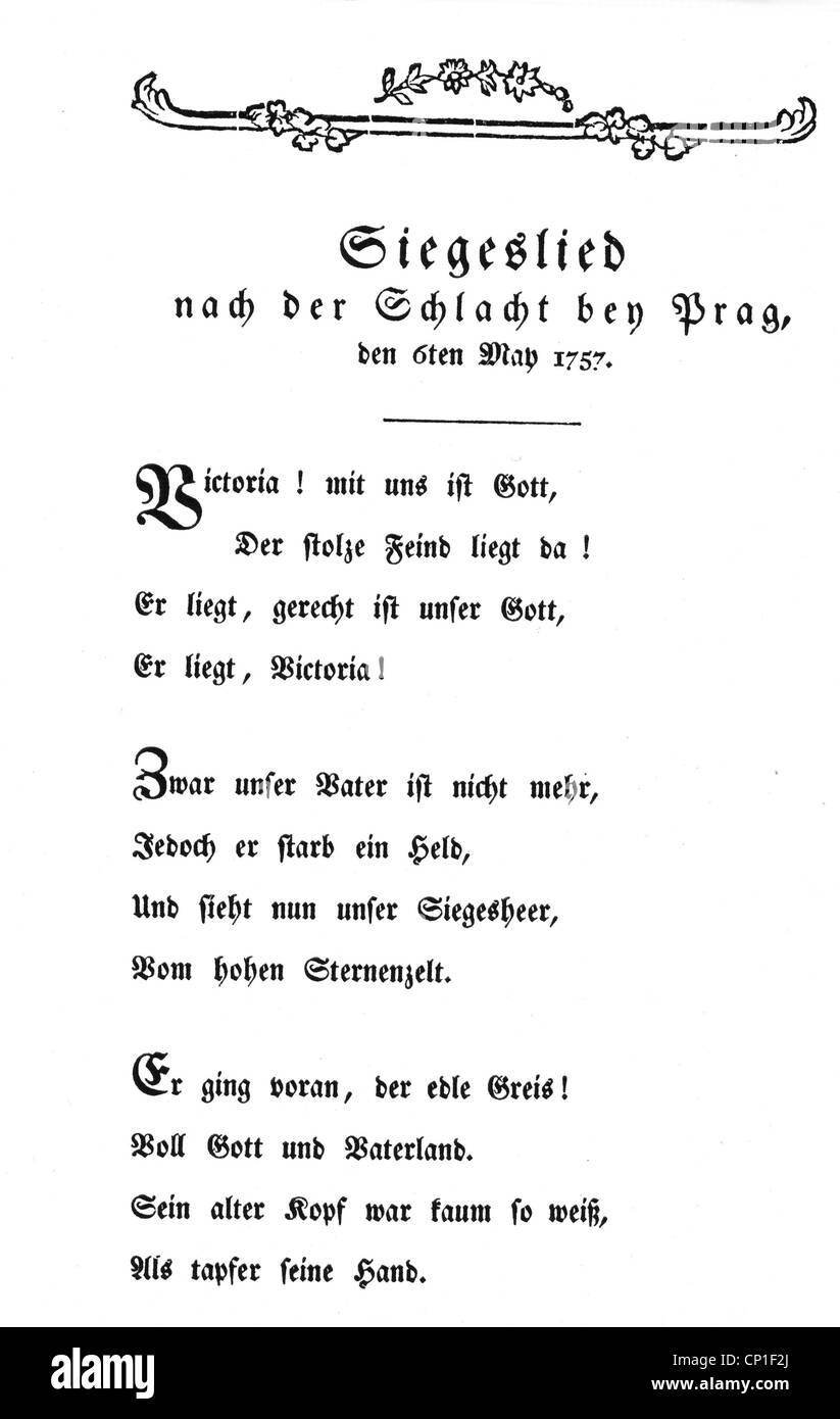 Evénements, Guerre de sept ans 1756 - 1763, 'Siegeslied nach der Schlacht von Prag' (chanson célébrant la victoire dans la bataille de Prague 1757), par Ludwig Gleim (1719 - 1803), Berlin 1778, droits additionnels-Clearences-non disponible Banque D'Images