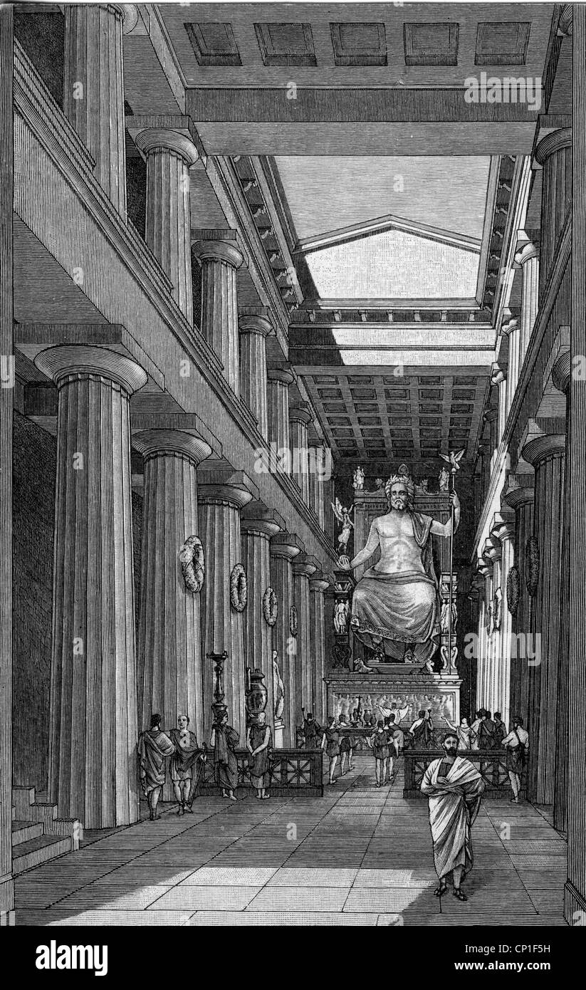 Zeus (latin: Jupiter), roi grec 'ivine', leader des dieux, dieu du ciel et du tonnerre, temple de Zeus, Phidias, reconstruction par G. Rehlender, Banque D'Images