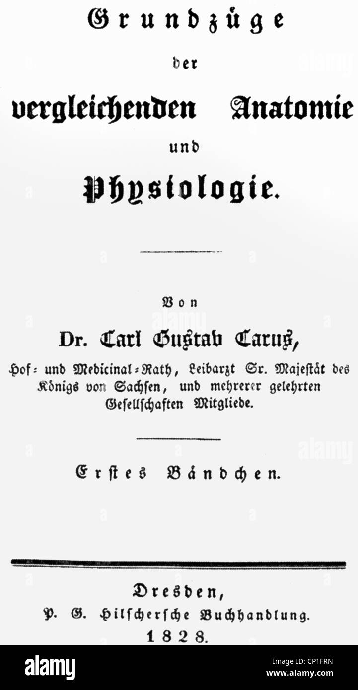 Carus, Carl Gustav, 3.1.1789 - 28.6.1868, médecin allemand, peintre, œuvres, 'Grundzuege der vergleichenden Anatomie und Physiologie' (Notions de base de l'anatomie comparative et de la physiologie), partie 1, page de titre, publication Hiller, Dresde, 1828, Banque D'Images