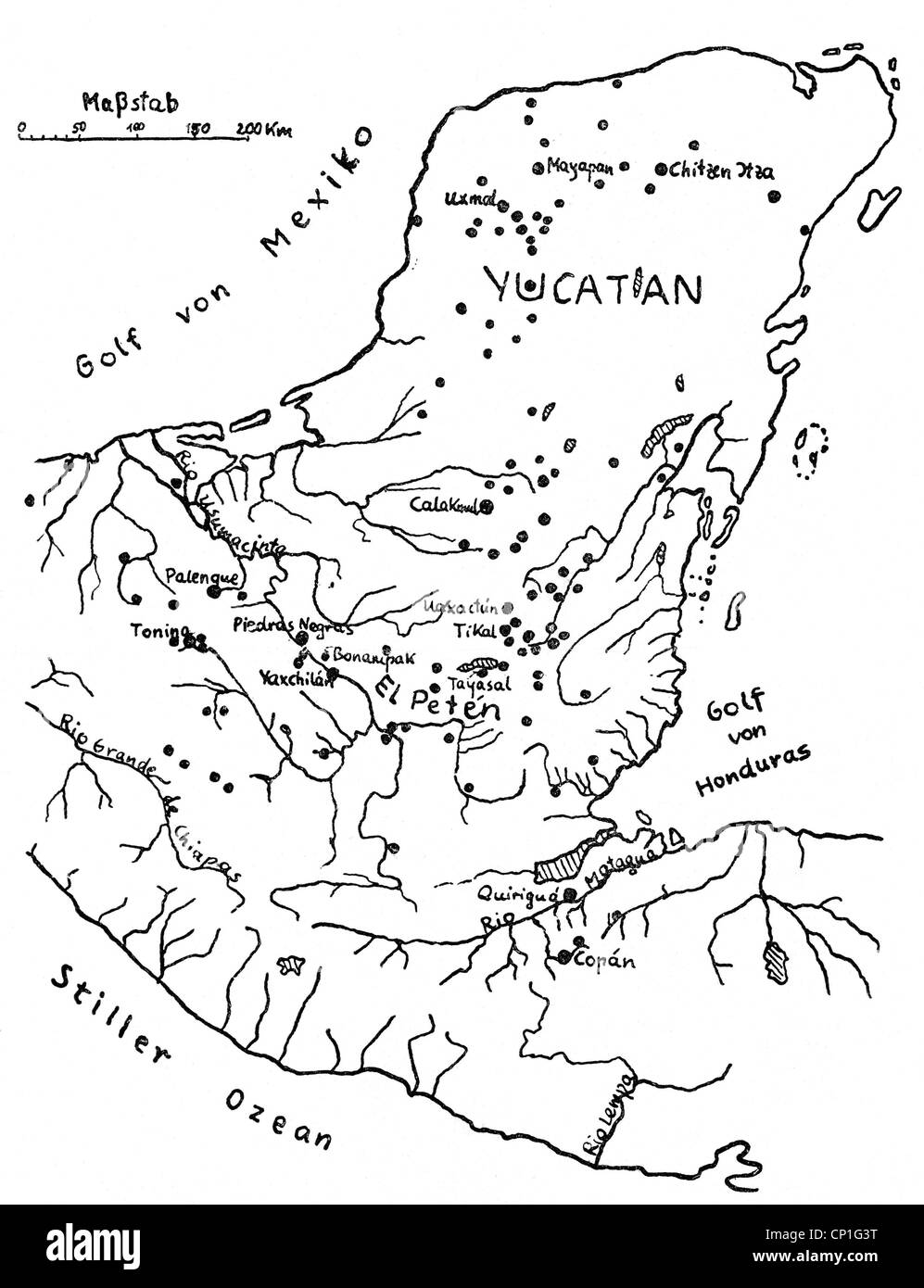 Cartographie, cartes historiques, culture Maya, 300 BC - 900 AD, ruines après Disselhoff et Morley, dessin, historique, historique, indien, mexicain, Maya, Yucatan, Belize, Guatemala, Honduras, El Salvador, Amérique centrale, Mayas, carte, sites archéologiques, ancien, site, pré-colombien, CEAM, monde antique, droits additionnels-Clearences-non disponible Banque D'Images