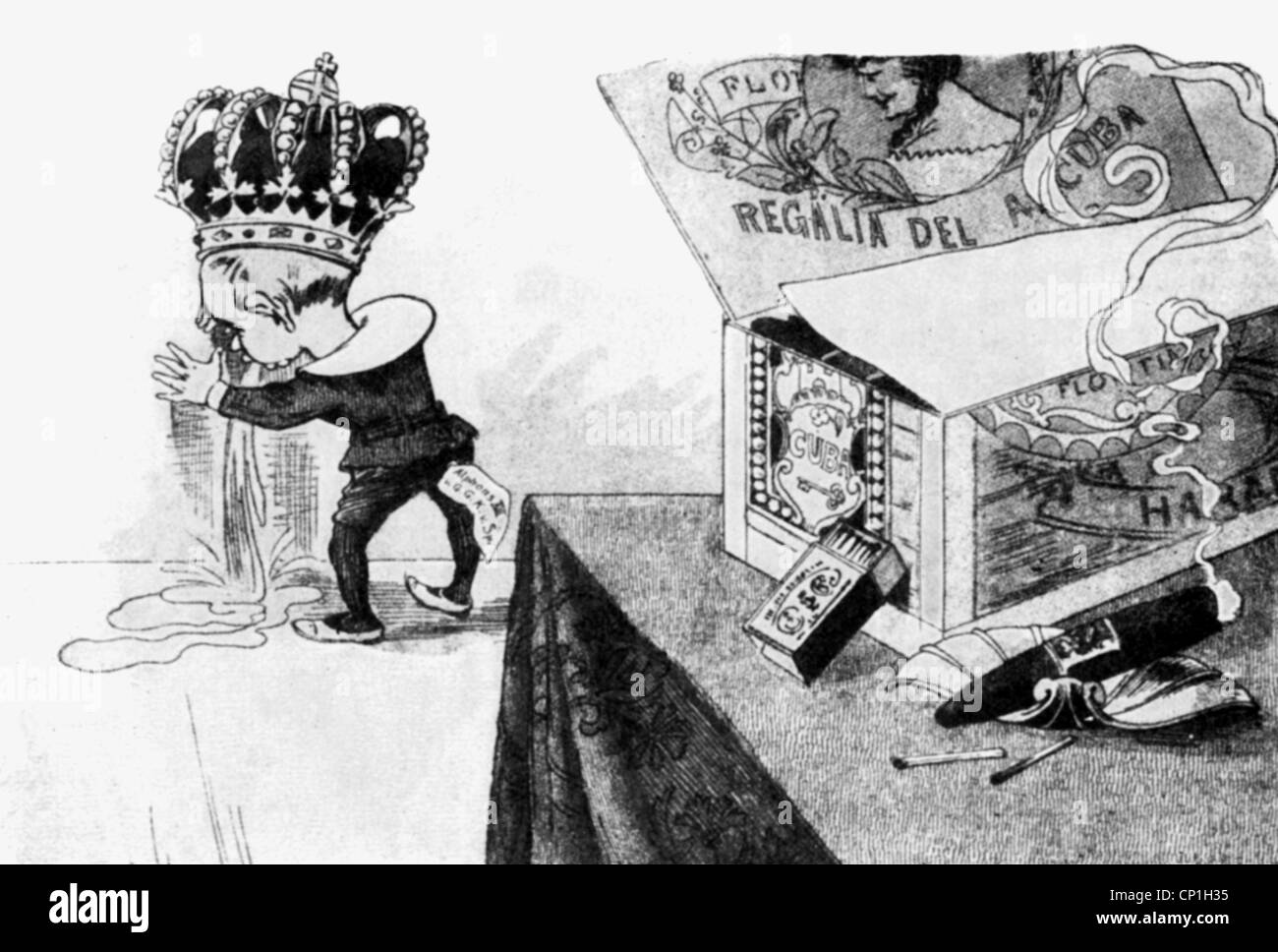 Alfonso XIII, 17.5.1886 - 28.2. 1941, roi d'Espagne 17.5.1886 - 14.4.1931, caricature, 'Trong Tobacco ('éclatement de la Révolution cubaine)', dessin, 'Sueddeutscher Postilion', 1895, , Banque D'Images