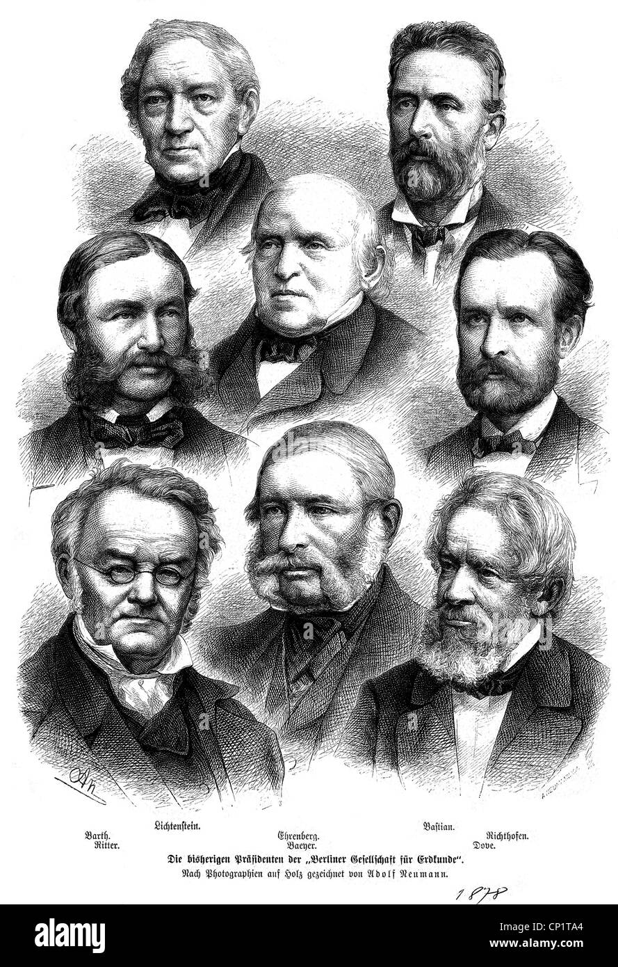 Science, géographie, présidents de la Gesellschaft fuer Erdkunde zu Berlin (Société de géographie de Berlin), Lichtenstein, Adolf Bastian, Heinrich Barth, Ehrenberg, Ferdinand von Richthofen, Carl Ritter, Johann Jakob Baeyer, Dove, Portraits, gravure sur bois d'après dessin par Adolf Neumann, 'Die Gartenofen', 'Clearlaurenfor-1878-Jeoder' non disponible Banque D'Images