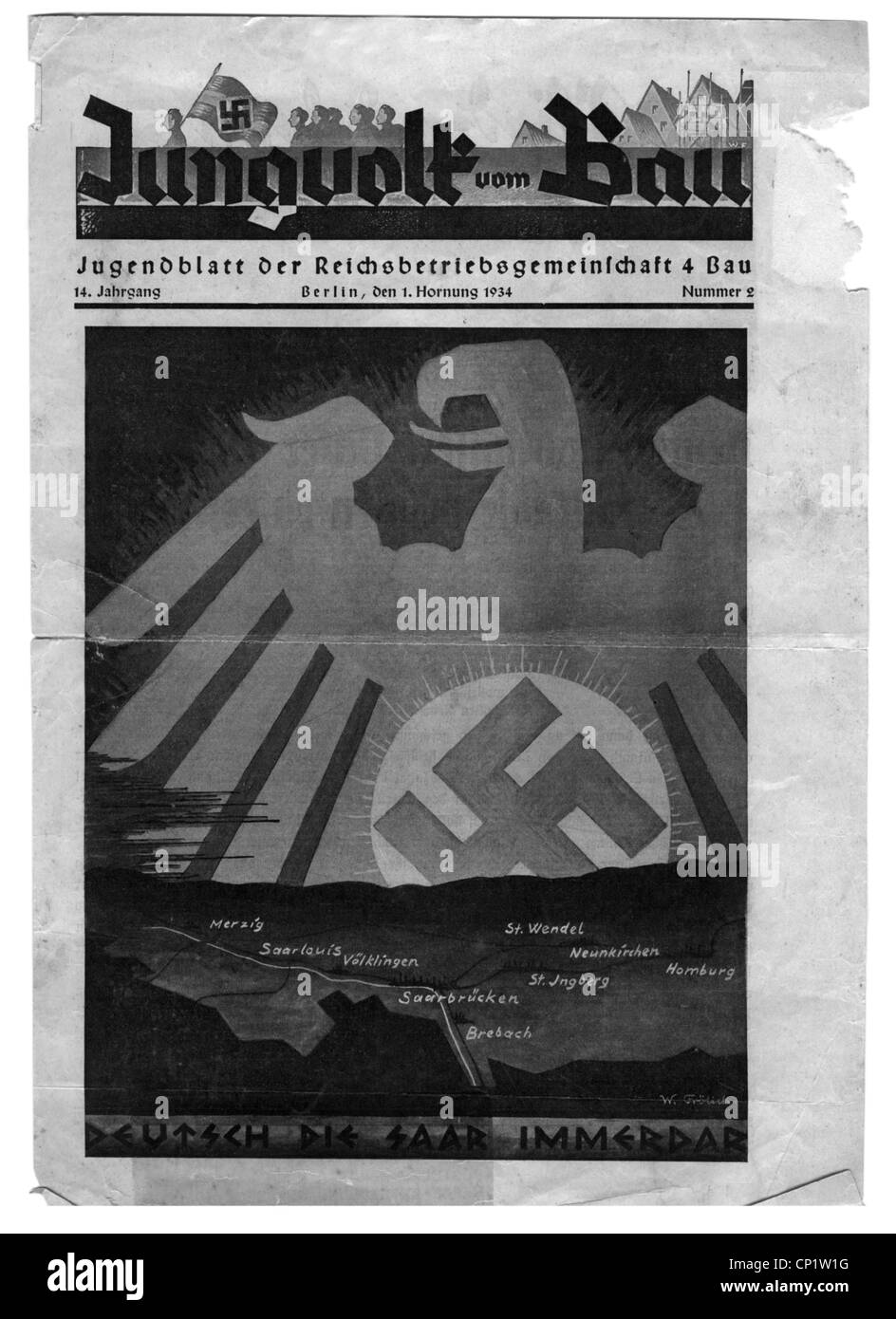 Nazisme / National socialisme, propagande, presse, 'Jungvolk am Bau', vol. 14, numéro 2, 1.2.1934, page de titre avec l'illustration 'Deutsch die Saar immerdar' (le Saar est allemand, pour toujours), dessin de W. Groelich, droits additionnels-Clearences-non disponible Banque D'Images