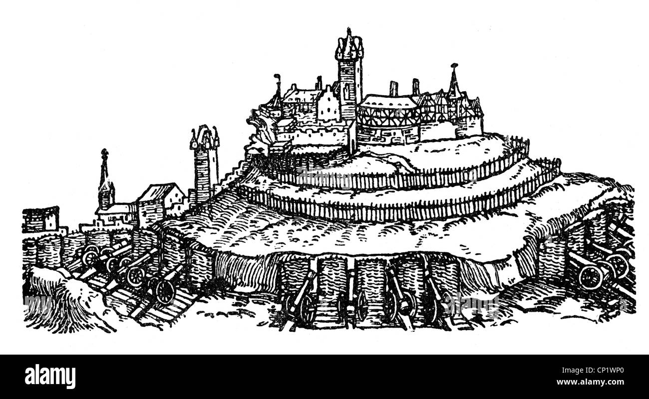 Militaire, Moyen Age, château d'un chevalier en état de siège, coupé en bois par Hans Schaeufelin (vers 1480 - 1540), début du XVIe siècle, château, châteaux, canon, canons, artillerie, canon, fusils, feu, fin du Moyen âge, Renaissance, forteresse, forteresses, historique, historique, Schäufelin, Schaufelin, médiéval, peuple, droits additionnels-Clearences-non disponible Banque D'Images