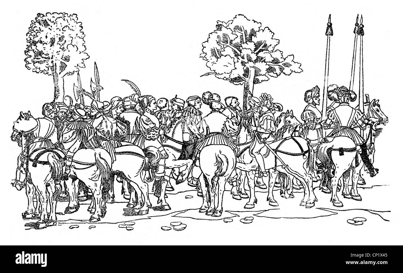 Militaires, chevaliers et serviteurs armés, gravure en bois, 19e siècle, après une coupe de bois de Hans Tirol, 16e siècle, guerrier, guerriers, Renaissance, cavalerie, cavalries, cavalier, cavaliers, Allemagne, lance, lances, soldat, soldats, historique, historique, historique, cavalryman, peuple, droits additionnels-Clearences-non disponible Banque D'Images