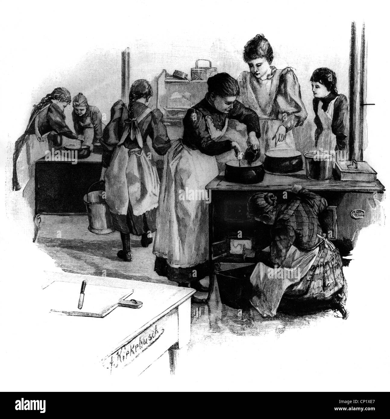 Maison, école de ménage, aides à la maison Apprenez à cuisiner, gravure de bois, par Kiekebusch, 1884, droits additionnels-Clearences-non disponible Banque D'Images
