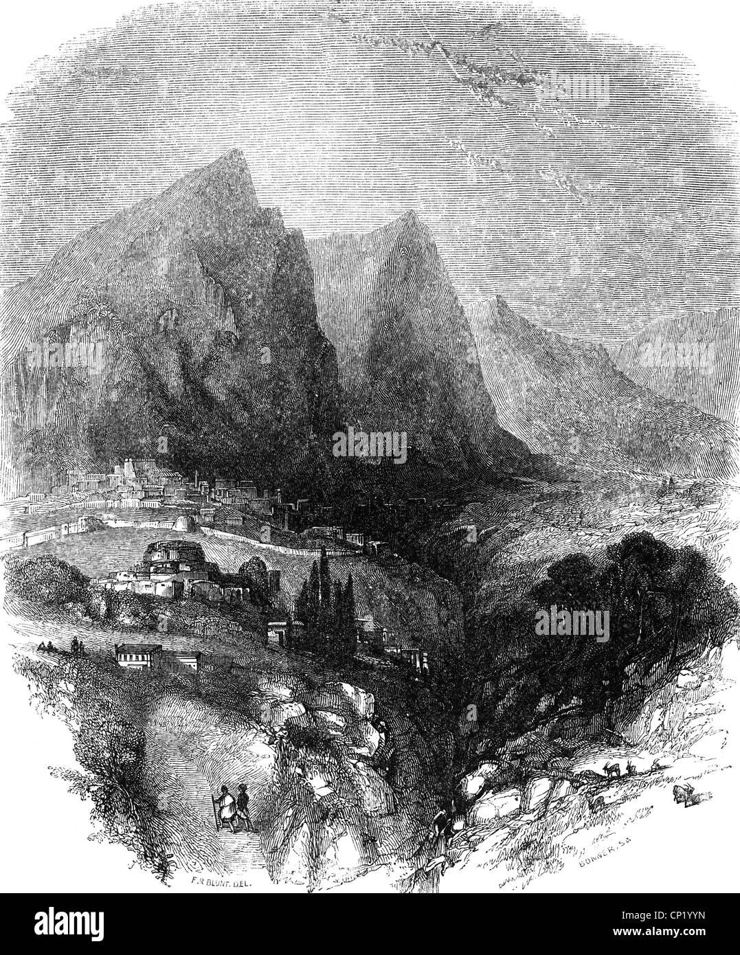 Géographie / Voyage, Grèce, Delphes, vue avec le Mont Parnassus, gravure en bois après dessin par Felix Blunt, 1839, droits supplémentaires-Clearences-non disponible Banque D'Images