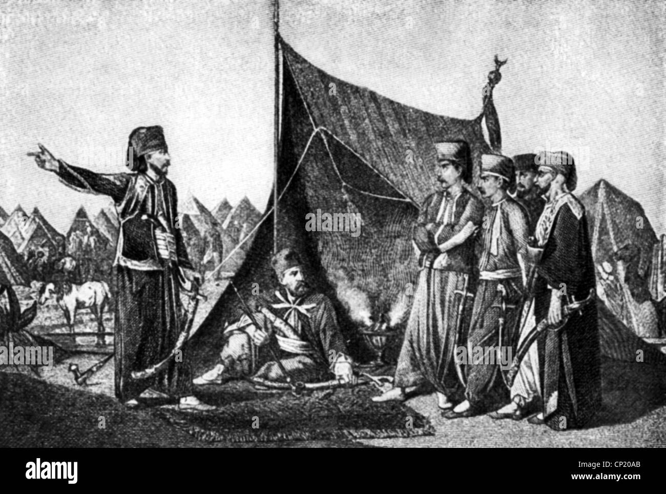 Evénements, Guerre d'indépendance grecque 1821 - 1829, le général turc Ibrahim Pasha devant sa tente, gravure en bois après dessin par Jeanron, vers 1827, révolution grecque, soulèvement, Empire ottoman, camp, campagne, Péloponnes, historique, historique, 19ième siècle, peuple, droits additionnels-Clearences-non disponible Banque D'Images