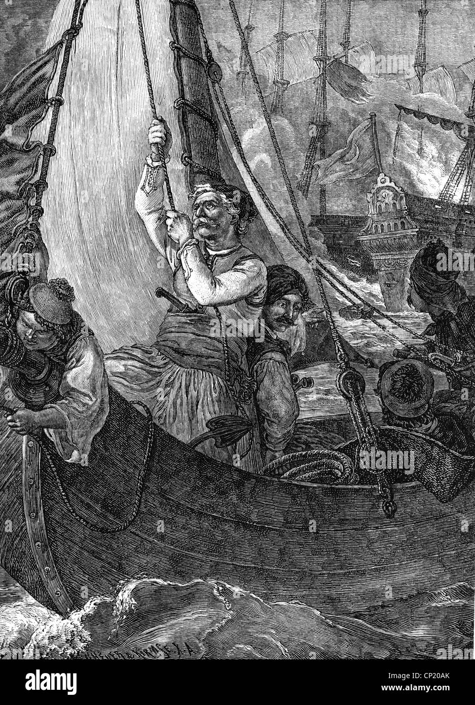 Événements, Guerre d'indépendance grecque 1821 - 1829, Constantine Kanaris brûlant le navire amiral de la flotte turque avant Chios, 18./19.6.1822, gravure de bois après peinture, Hofgarten, Munich, 19e siècle, révolution grecque, soulèvement, Empire ottoman, guerre navale, Grecs, historique, historique, peuple, droits additionnels-Clearences-non disponible Banque D'Images