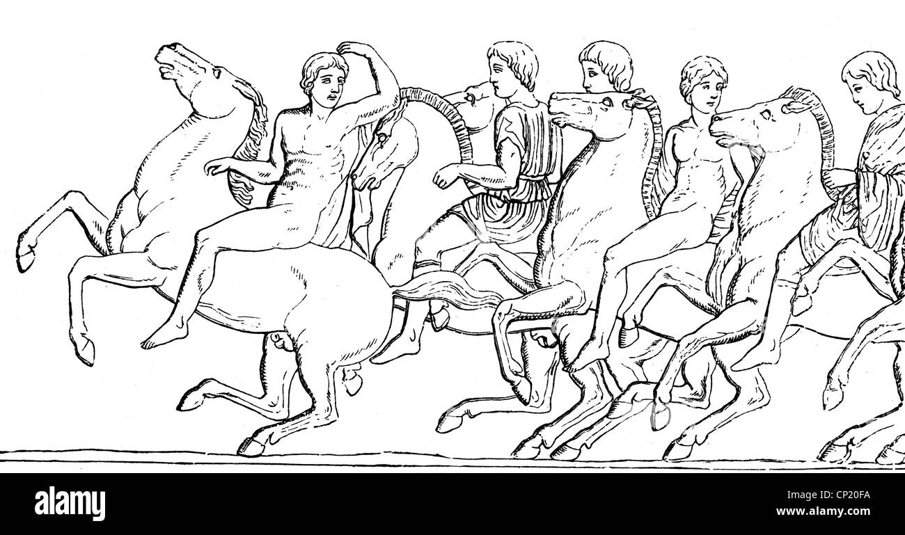 Monde antique, Grèce, religion, procession du Panathenaea, groupe de cavaliers, soulagement de Phidias, frise occidentale du Parthénon, Athènes, vers 440 av. J.-C., gravure en bois, 2ème moitié du 19e siècle, célébration, procession, gens, cavalier, riders, sports, sculpture, sculptures, beaux-arts, art classique, chevaux, animaux, groupes, animaux, Europe, groupes, groupes, hellènes, groupes, animaux, Europe, groupes, Europe du Sud-est, Balkans, Péninsule des Balkans, 5e siècle av. J.-C., historique, historique, monde ancien, droits additionnels-Clearences-non disponible Banque D'Images