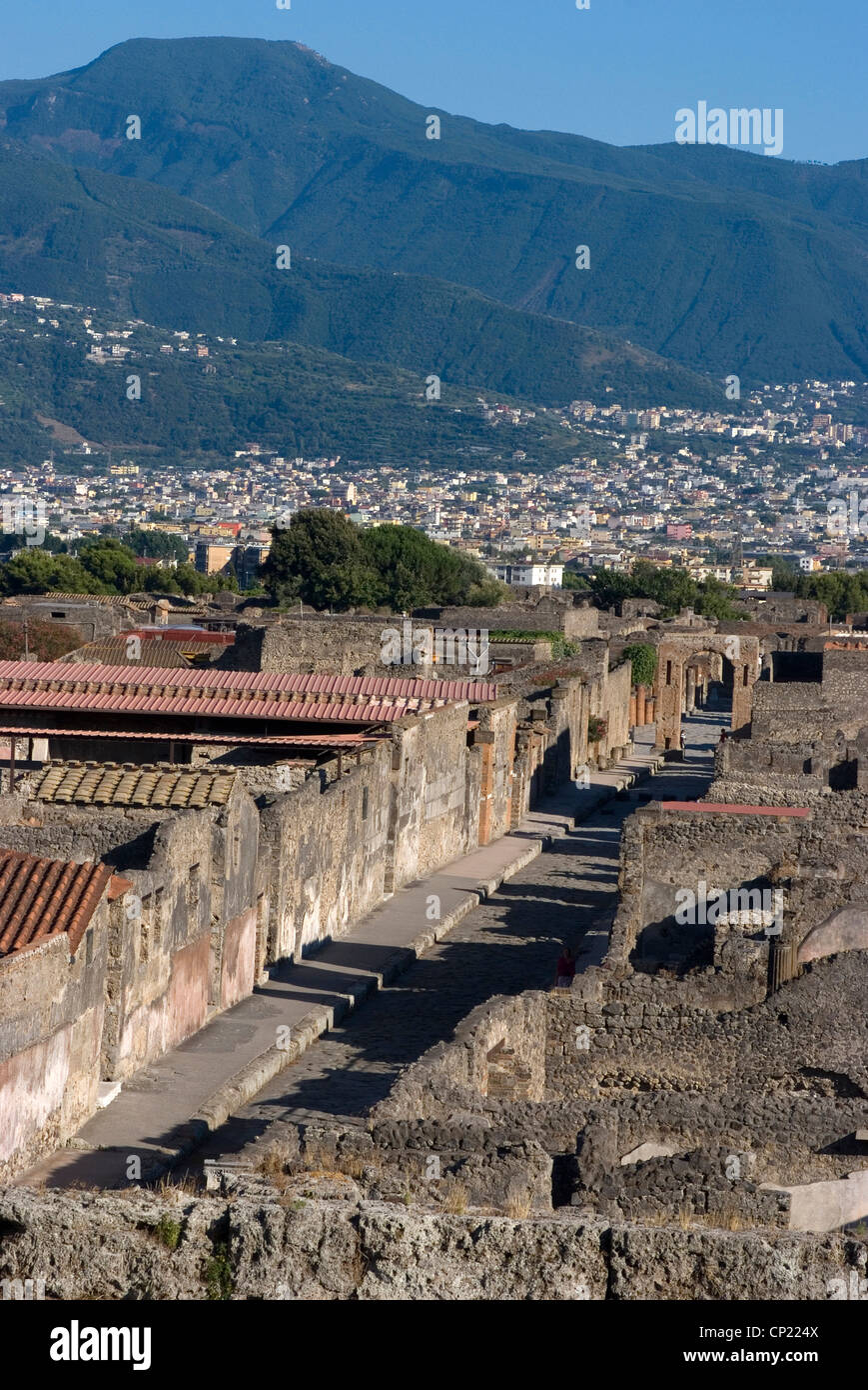 Vue sur les ruines de l'ancienne ville romaine de Pompéi, détruite par le Vésuve, Campanie, Italie, Europe Banque D'Images