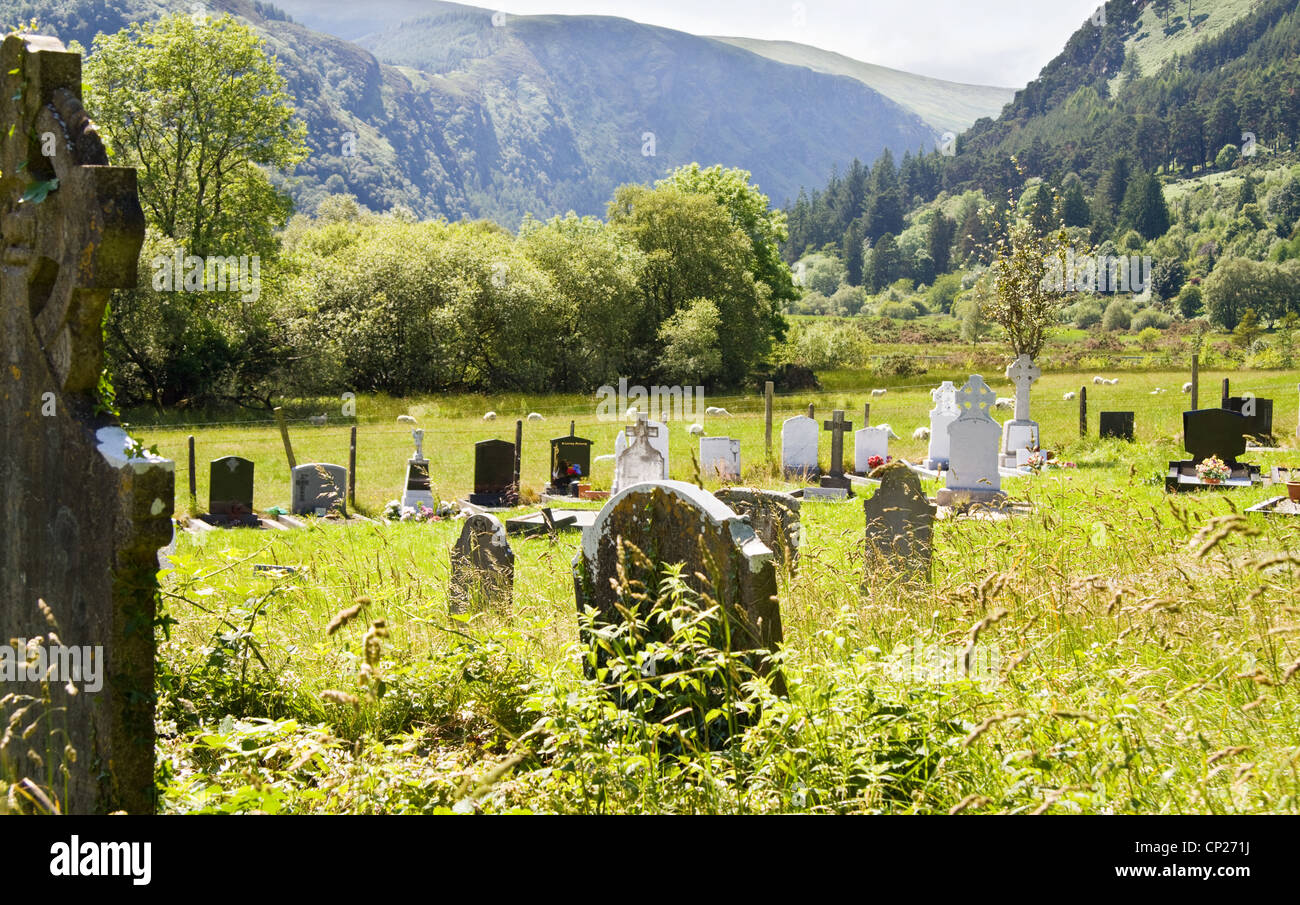 Celtiques anciennes paisible cimetière de Glendalough, dans les montagnes de Wicklow, Irlande. Banque D'Images