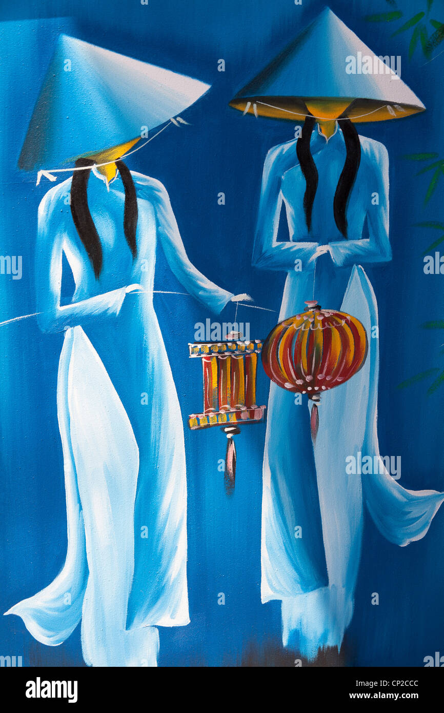 Peinture de deux femmes portant des lanternes, Vietnamien Vietnam Banque D'Images