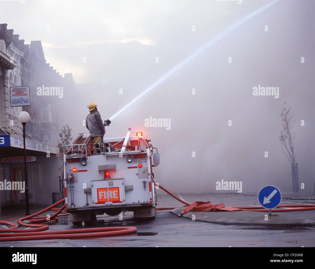 La lutte contre l'Incendie Incendie de l'immeuble de bureau, Christchurch, Canterbury, Nouvelle-Zélande Région Banque D'Images
