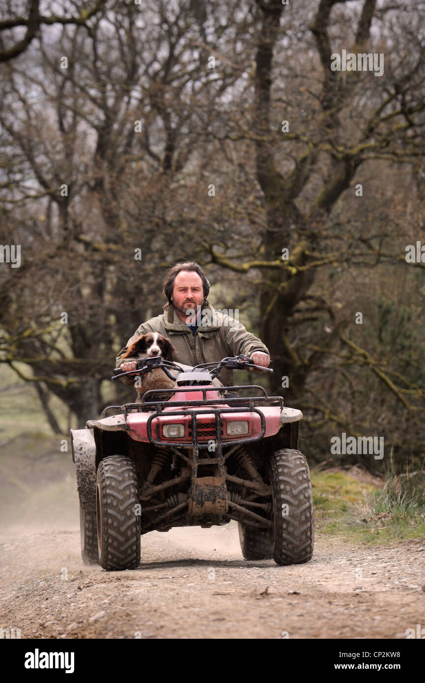 Un agriculteur sur un quad avec son chien Épagneul Pays de Galles, Royaume-Uni Banque D'Images