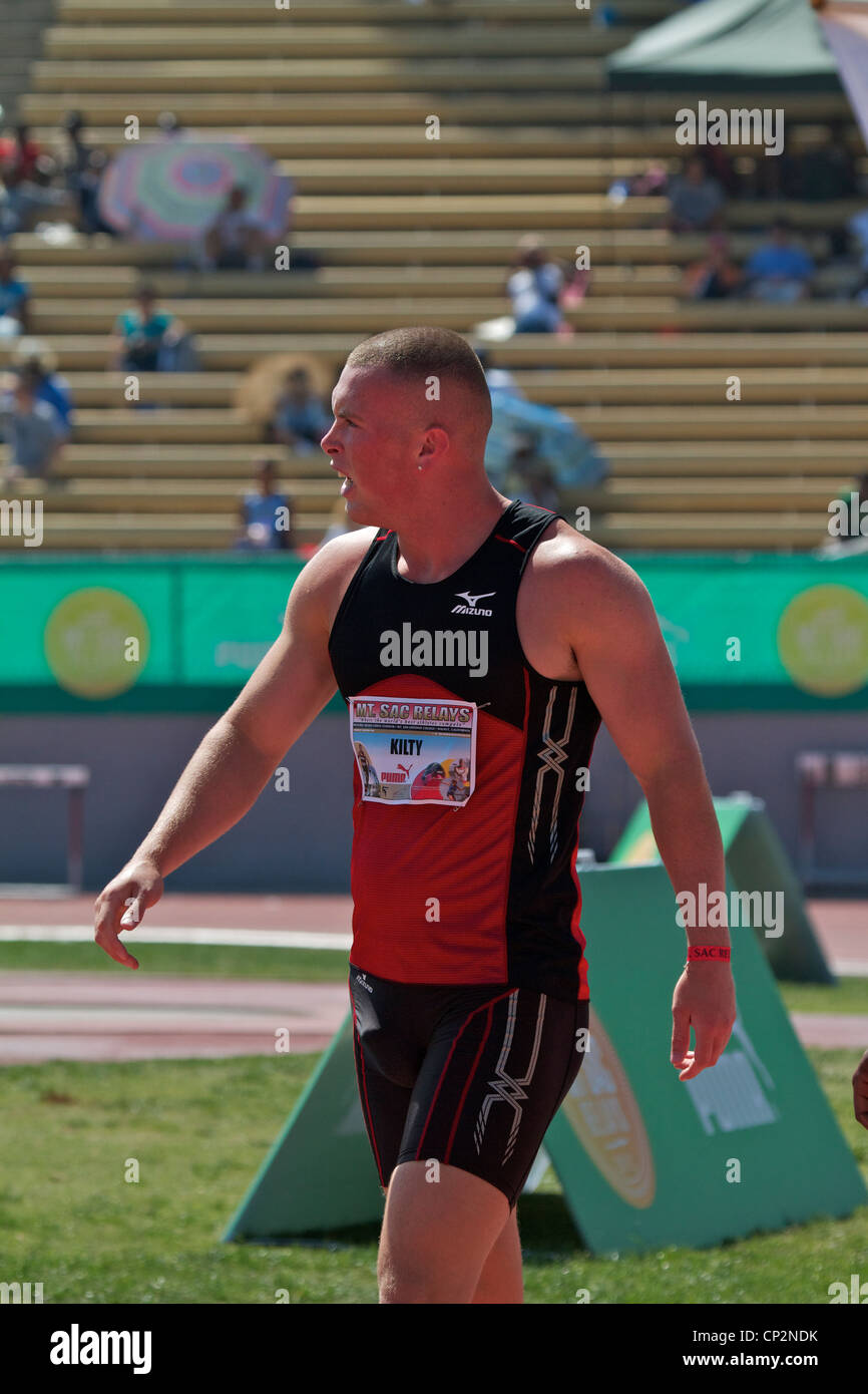 Athlète britannique Richard Kilty Mt relais Sac 2012, noyer, California, USA Banque D'Images