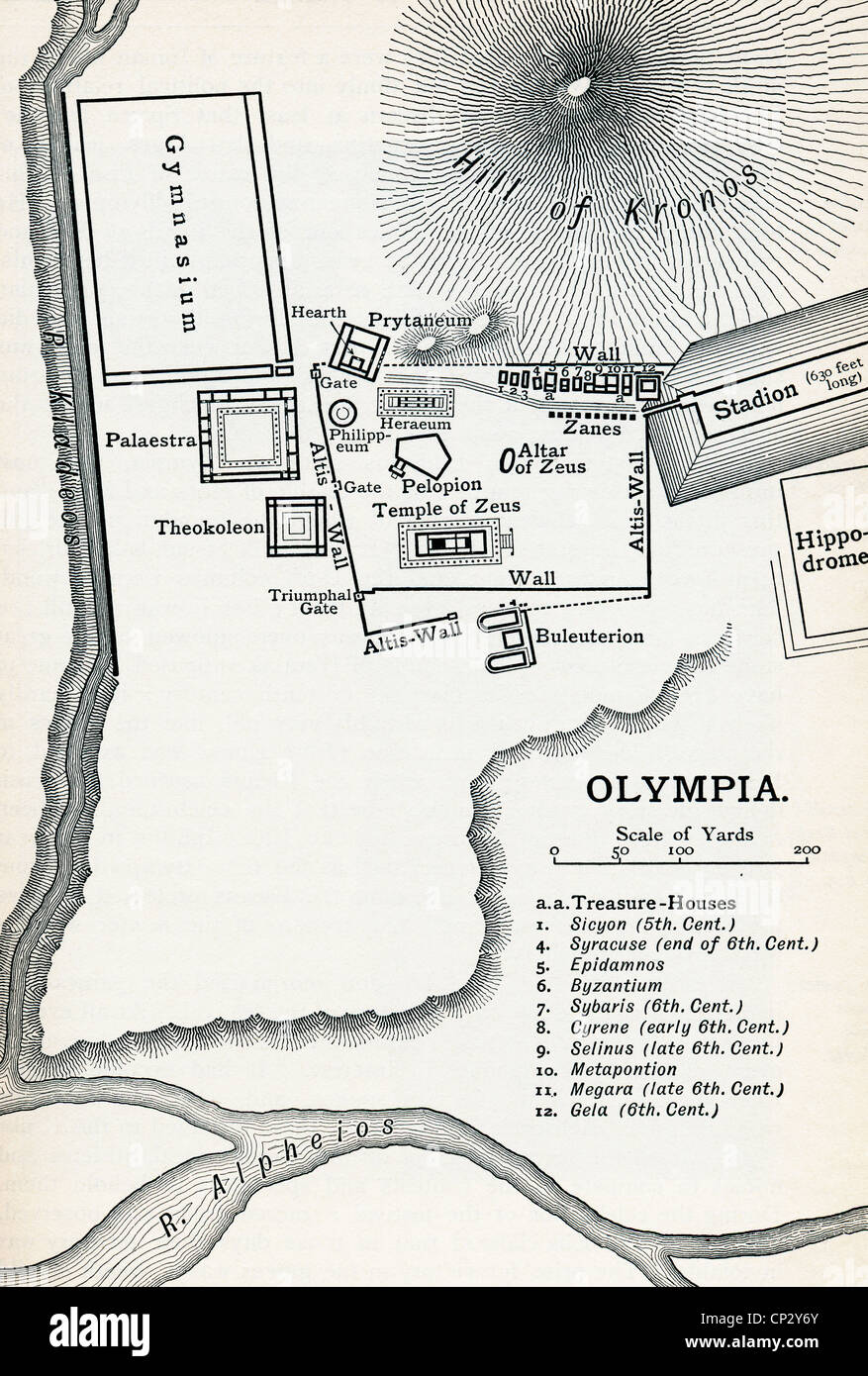 Plan d'Olympia, d'Elis, la Grèce. Site des Jeux Olympiques dans l'antiquité. À partir d'une histoire de la Grèce, publié en 1900. Banque D'Images