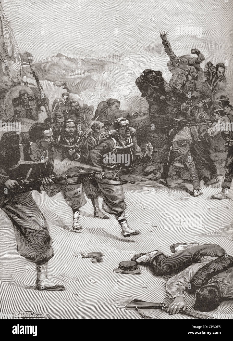 Zouave pontifical français les soldats d'infanterie de Garibaldi de charge des barricades à la bataille de Mentana, Italie en 1867. Banque D'Images