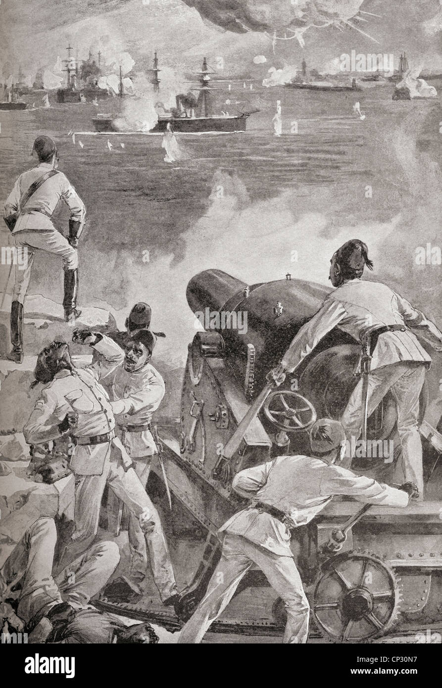 La défense de patriotes égyptiens au cours de l'Alexandria le bombardement par la flotte méditerranéenne en 1882. Banque D'Images