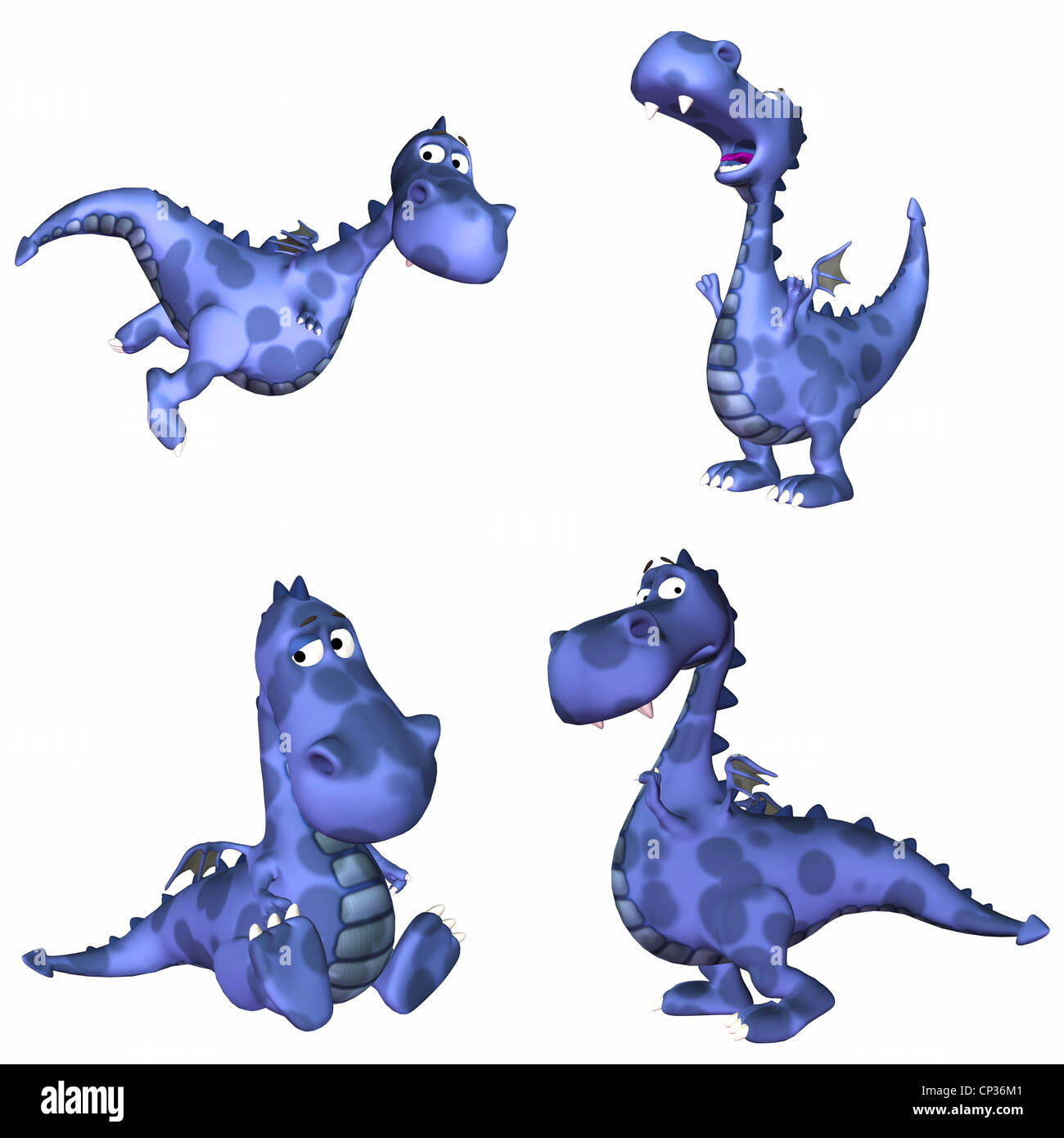 Illustration d'un pack de quatre (4) Blue dragons avec différentes poses et expressions isolé sur fond blanc - 2de3 Banque D'Images