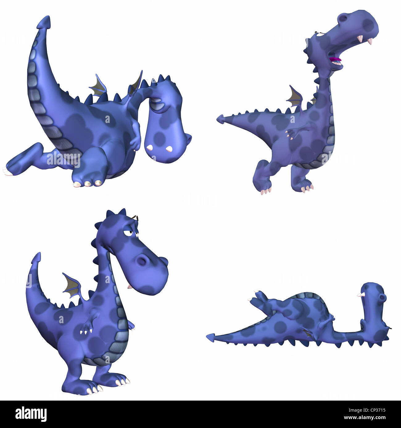 Illustration d'un pack de quatre (4) Blue dragons avec différentes poses et expressions isolé sur fond blanc - 1de3 Banque D'Images