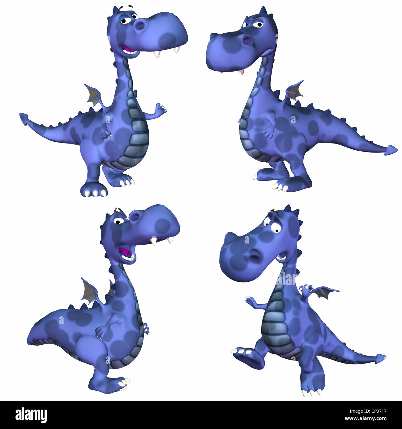 Illustration d'un pack de quatre (4) Blue dragons avec différentes poses et expressions isolé sur fond blanc - 3de3 Banque D'Images