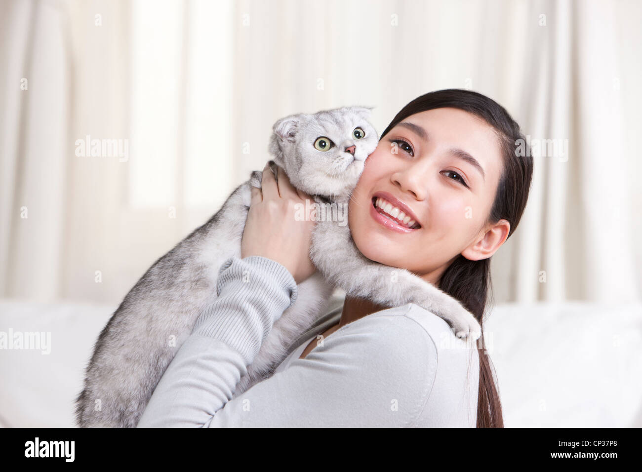 Jeune femme jouant avec un chat Scottish Fold Banque D'Images