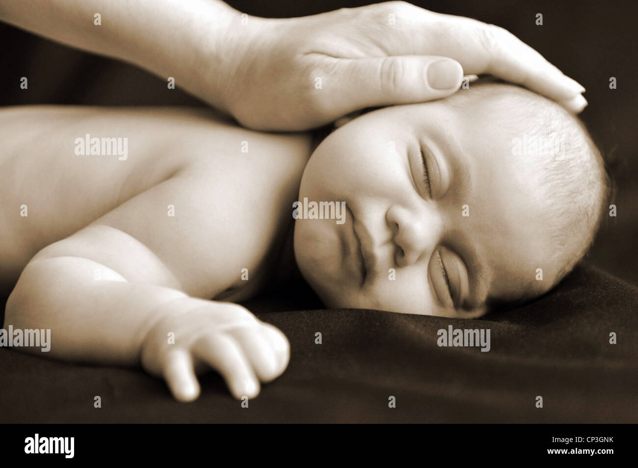 Studio Photo En Noir Et Blanc D Un Bebe Nouveau Ne De Dormir Et Une Mere De Toucher Sa Tete Photo Stock Alamy