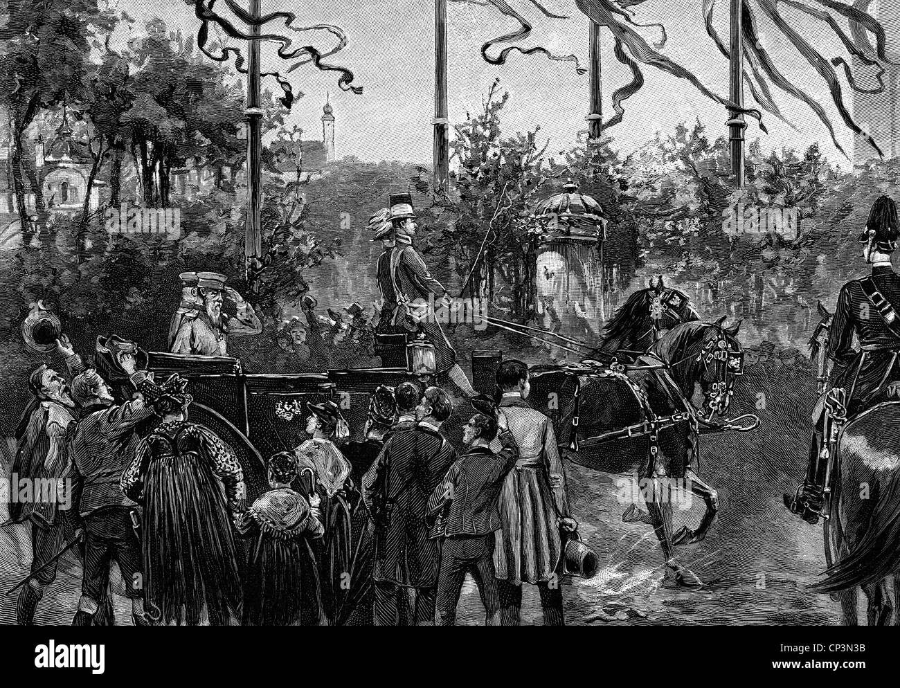 Luitpold, 12.3.1821 - 12.12.1912, prince Régent de Bavière 1886 - 1912, scène, dans son chariot, gravure en bois, XIXe siècle, Banque D'Images