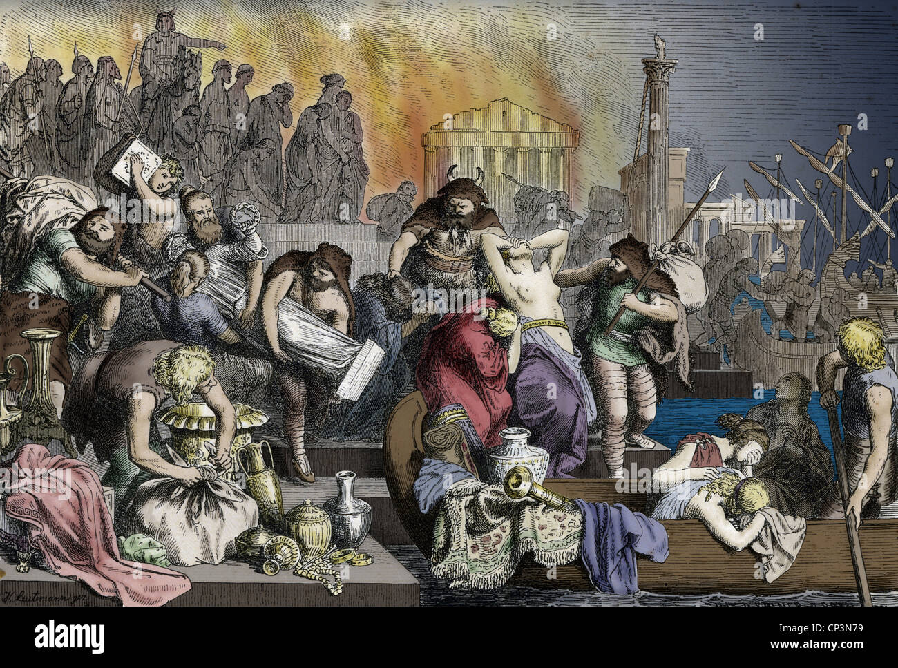 Monde antique, période migratoire, vandales après le pillage de Rome 455, après dessin de H. Leutemann, coloré, gravure en bois, 19e siècle, droits additionnels-Clearences-non disponible Banque D'Images