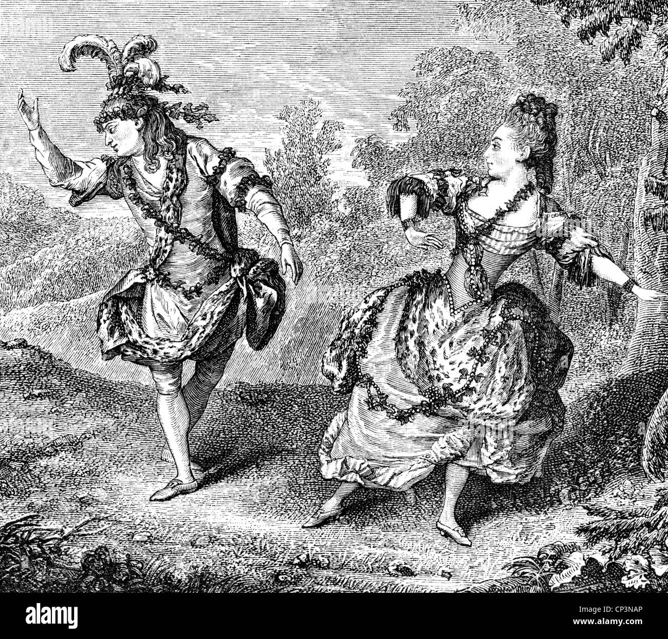 Dauberval, Jean, 19.8.1742 - 14.2.1806, danseuse française, pleine longueur, avec Marie Allard, dans l'opéra 'Cylvie', gravure en bois, XIXe siècle, après peinture de Carmontelle, 1766, Banque D'Images