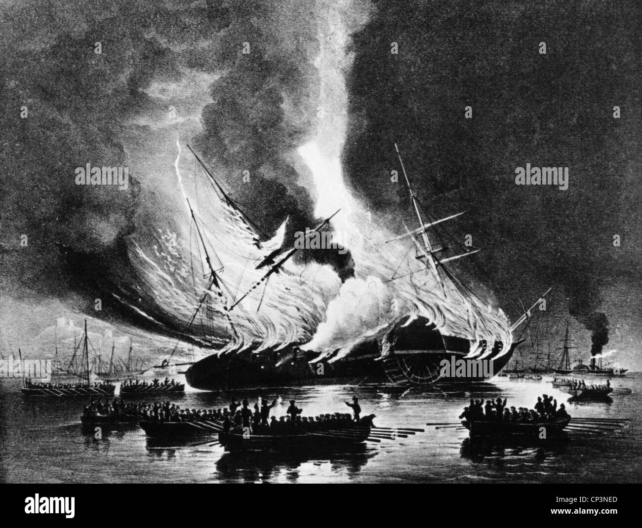 Transport / transport, navigation, catastrophes, incendie du navire de guerre USS 'Missouri', Gibraltar, 26./2.78.1843, lithographie de T. G. Dutton, 19e siècle, droits additionnels-Clearences-non disponible Banque D'Images