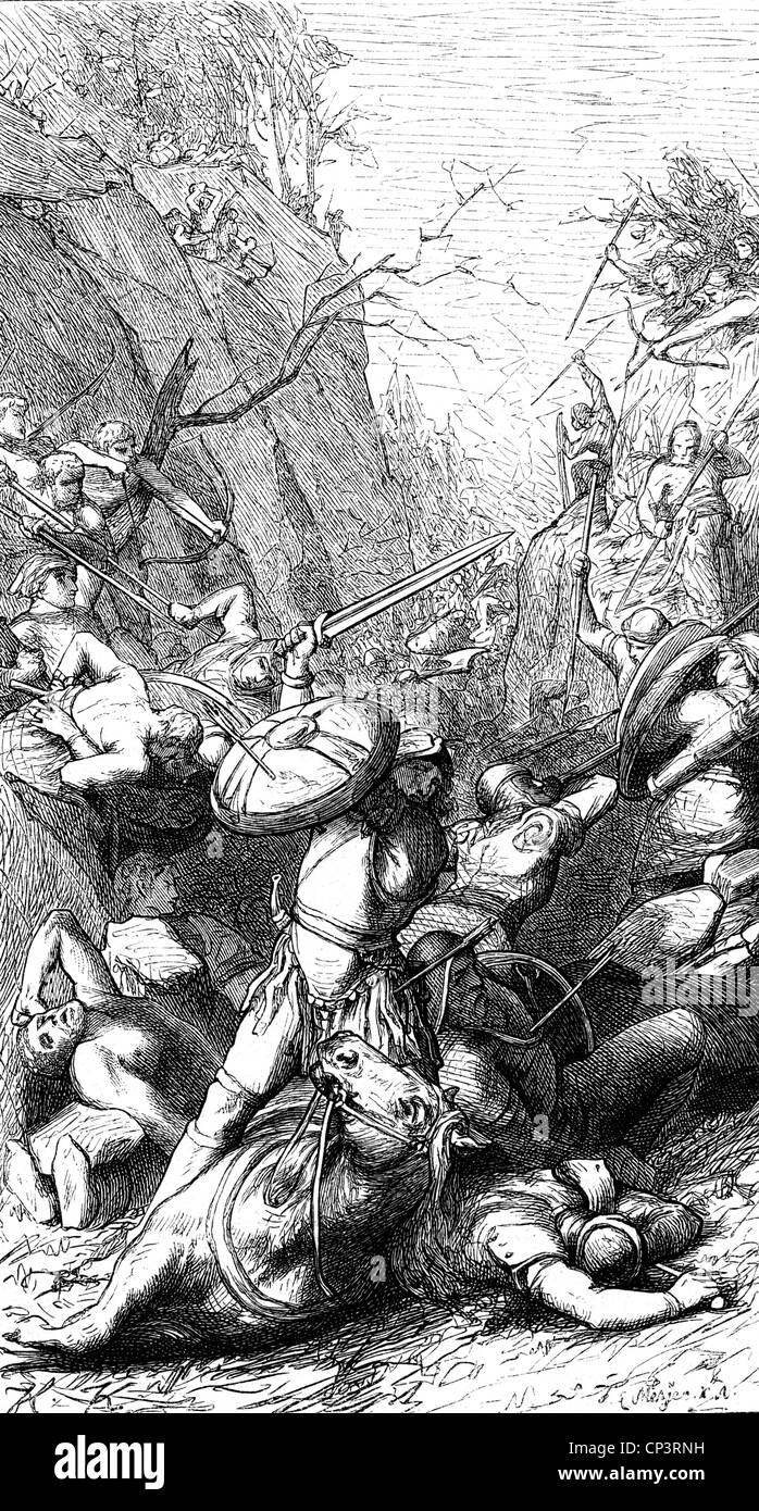 Evénements, campagne de Charlemagne dans la péninsule ibérique, bataille du col de Roncevaux, 15.8.778, droits additionnels-Clearences-non disponible Banque D'Images