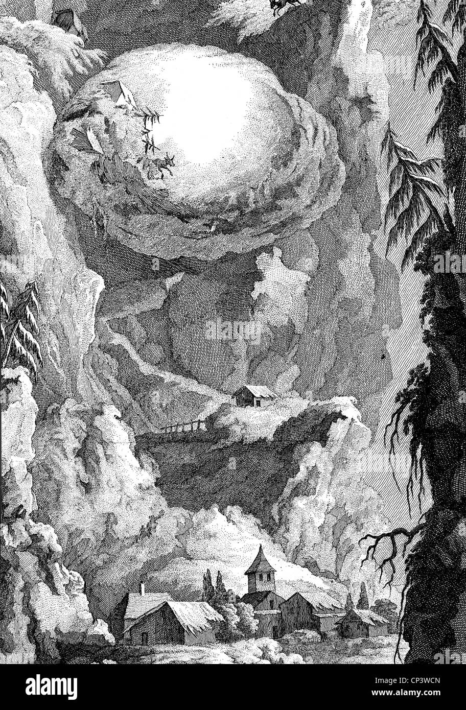 Catastrophes naturelles, avalanches, avalanche en Suisse, gravure sur cuivre, 'Topographie der Eidgenossenschaft" par David Herrliberger, 1773, , n'a pas d'auteur de l'artiste pour être effacé Banque D'Images