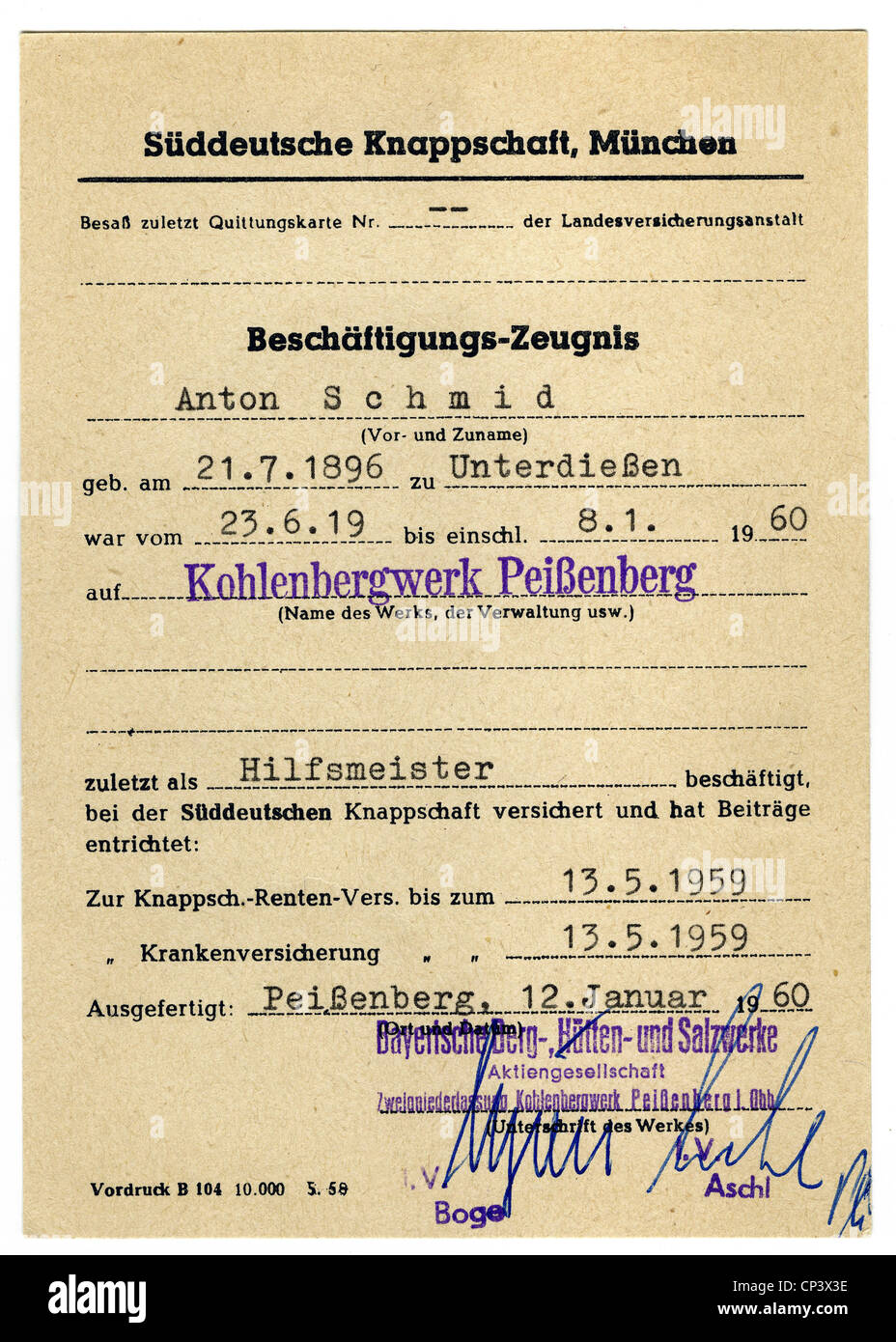 Exploitation minière, exploitation minière du charbon, certificat d'emploi pour le mineur Anton Schmid, mine de charbon Peissenberg , Bavière, Allemagne, 12.1.1960, droits additionnels-Clearences-non disponible Banque D'Images